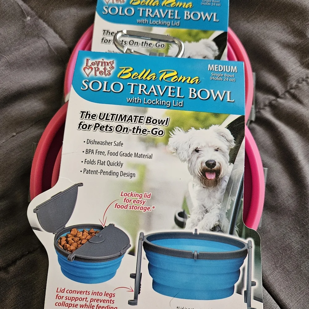 Loving Pets Solo Travel Bowl dog cat Locking Lid PINK hiking travel camping